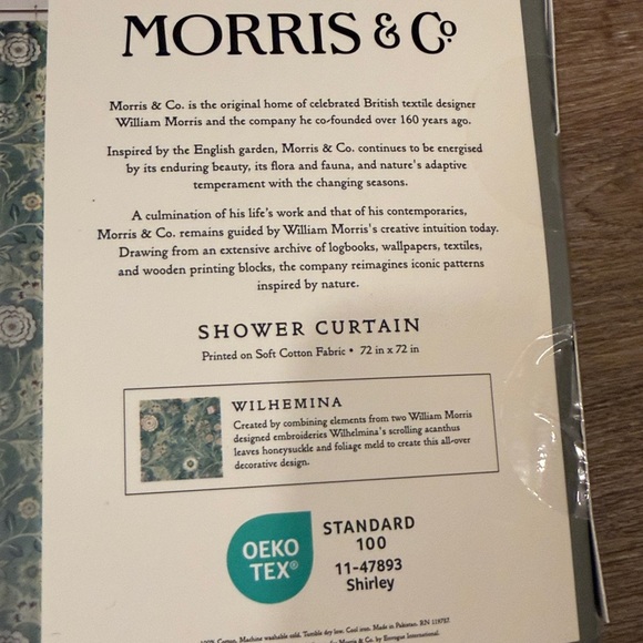 WILLIAMS MORRIS & CO Woven Cotton Shower Curtain WILHELMINA Green Floral 72 X 72 - Picture 5 of 7
